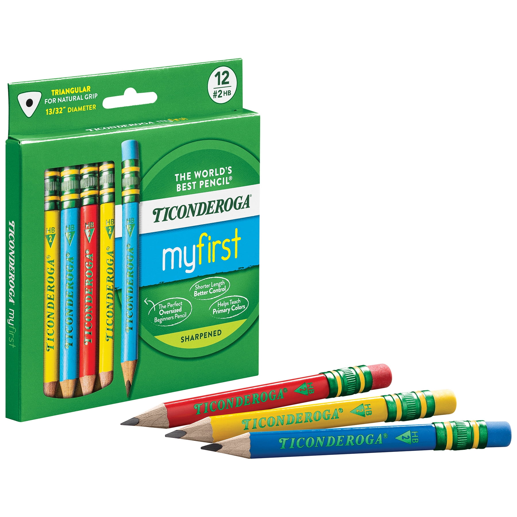 Ticonderoga My First Short Wooden Pencils, Large Triangle Barrel, Sharpened, #2 HB Soft, With Eraser, Primary Colors, 12 Per Pack, 2 Packs
