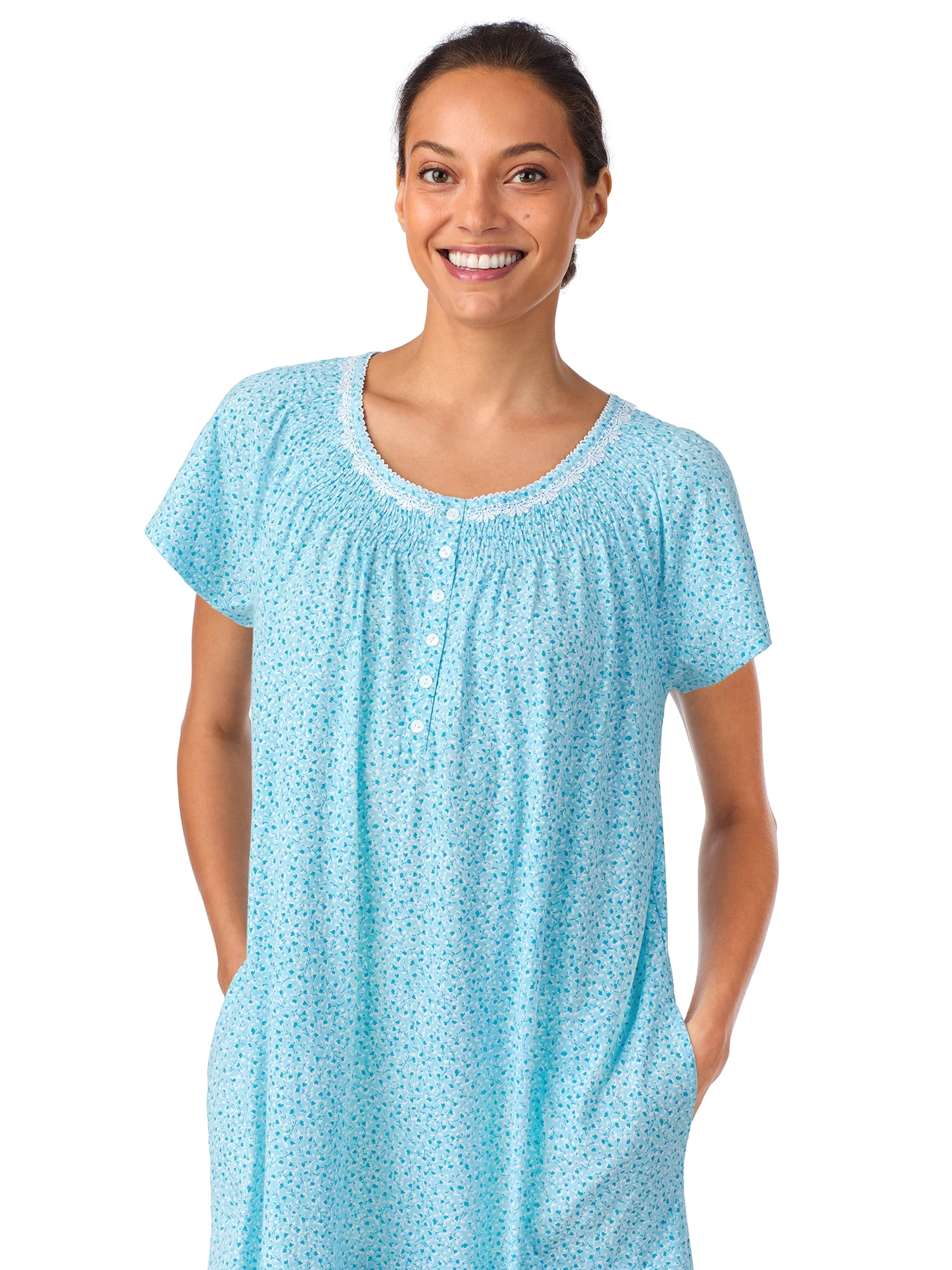 Aria Women's 100% Cotton Raglan Sleeve Smocked Neck 40" Sleepwear Gown, Sizes XS-5X
