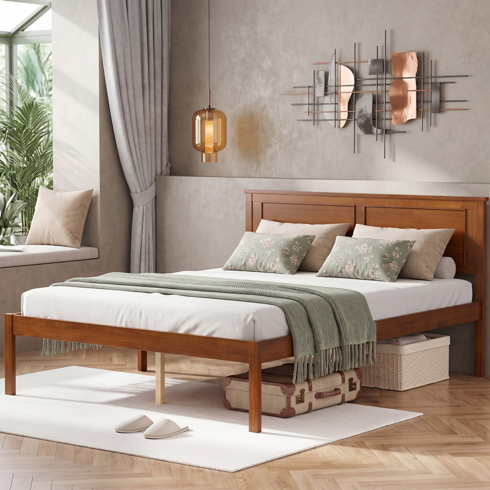 Furnibear Full Size Wood Platform Bed Frame with Paneled Headboard and Plywood Slat Support for Farmhouse Bedroom, Walnut