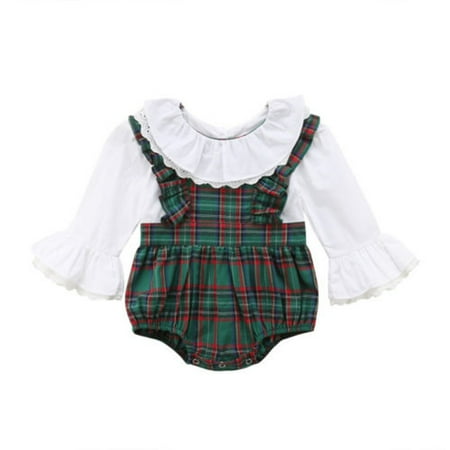 

Newborn Infant Baby Girl Grid Plaid Romper Bell Sleeve Bodysuit Jumpsuit Outfit Clothes