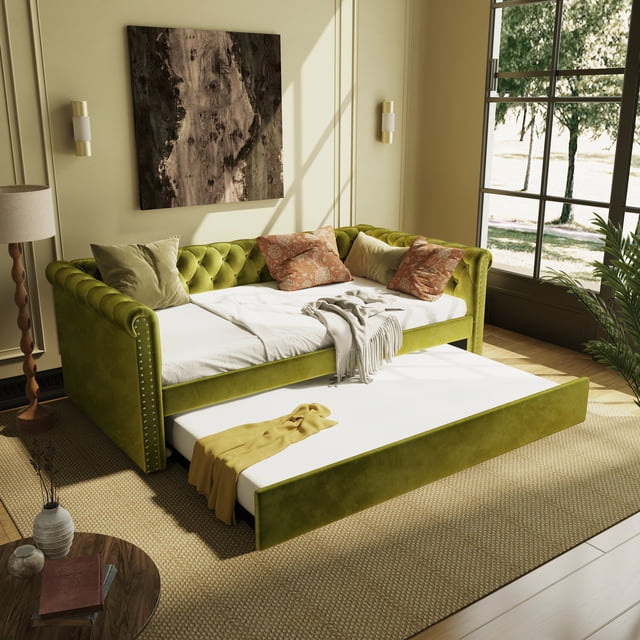 Noble House Upholstered Daybed with Trundle, Tufted Button Design with Curved Arms, No Box Spring Needed,Green