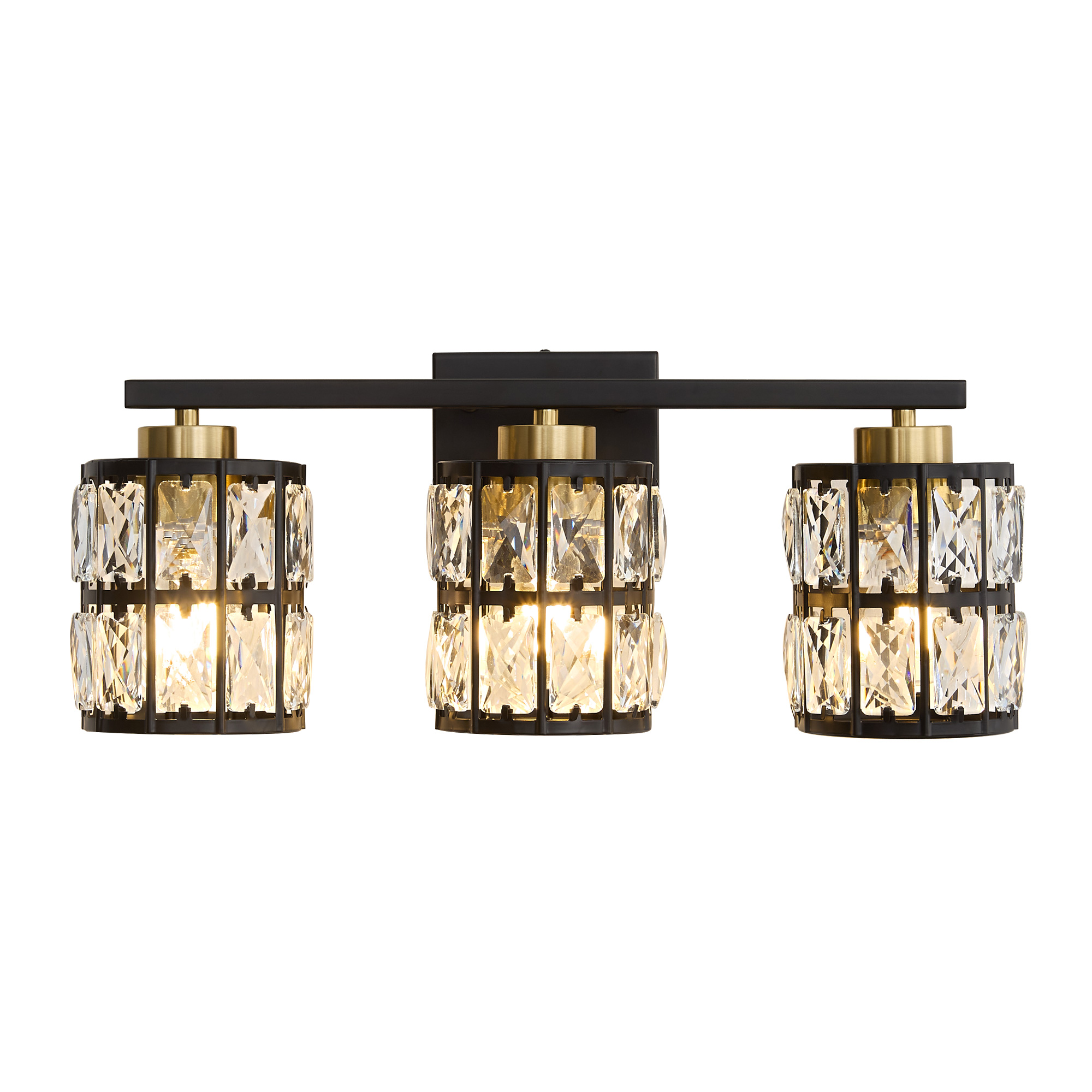 Deyidn 3-Light Black&Gold Bathroom Vanity Light, 18.9" Dimmable Modern Wall Mirror Light Fixture with Cylinder Crystal Shades for Bathroom, Powder Room