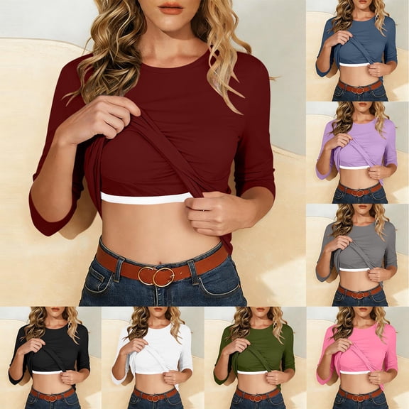 Otntypg Women 3/4 Sleeve Shirts Built-in Bra Trendy Crewneck Slim Fit Basic Solid Color Athletic Tee Tops Dressy Casual Spring Summer T-Shirt Base Layer Gray M