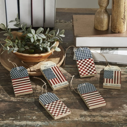VHC Brands Patriotic My Country Americana MDF Tag Ornaments w/ Twines 5x2.5x0.5 Sets of 6, Fourth of July Decorations, Americana Ornament, Independence Day Decor