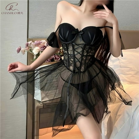 Generic Sexy Lingerie Sexy Pure Desire Wind Mesh See-through plus Chest Pad Steel Ring Push up Sling Night Skirt Suit 9216