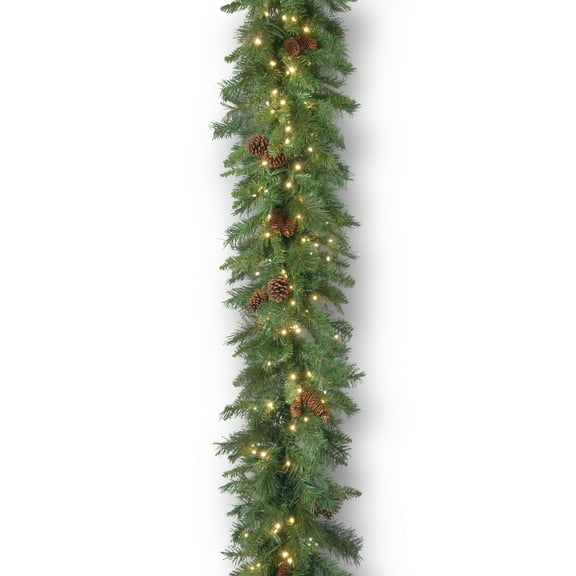 National Tree Company Pre-Lit Artificial Christmas Garland, Green, Garwood Spruce, White Lights, Plug In, Christmas Collection, 9 Feet