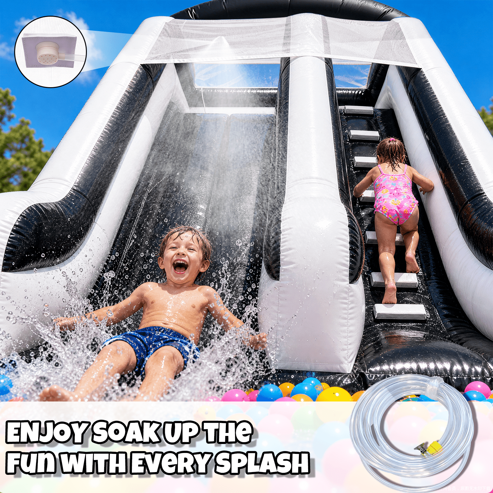 Vakiorn Commercial Water Slide 248.03x106.3x114.17 inch PVC Inflatable Pool with Blower Wet Dry Use Black