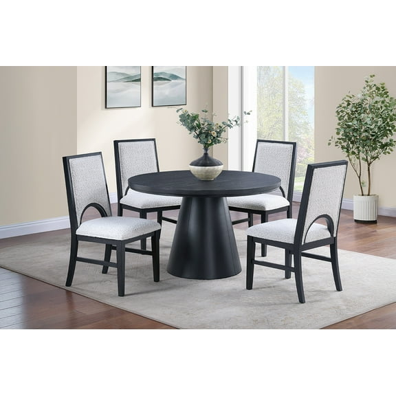 Modern Unique Cone Shaped Base Dining Table 4x Side Chairs Cut out Back Black And White 5pc Dining Set Kitchen Breakfast