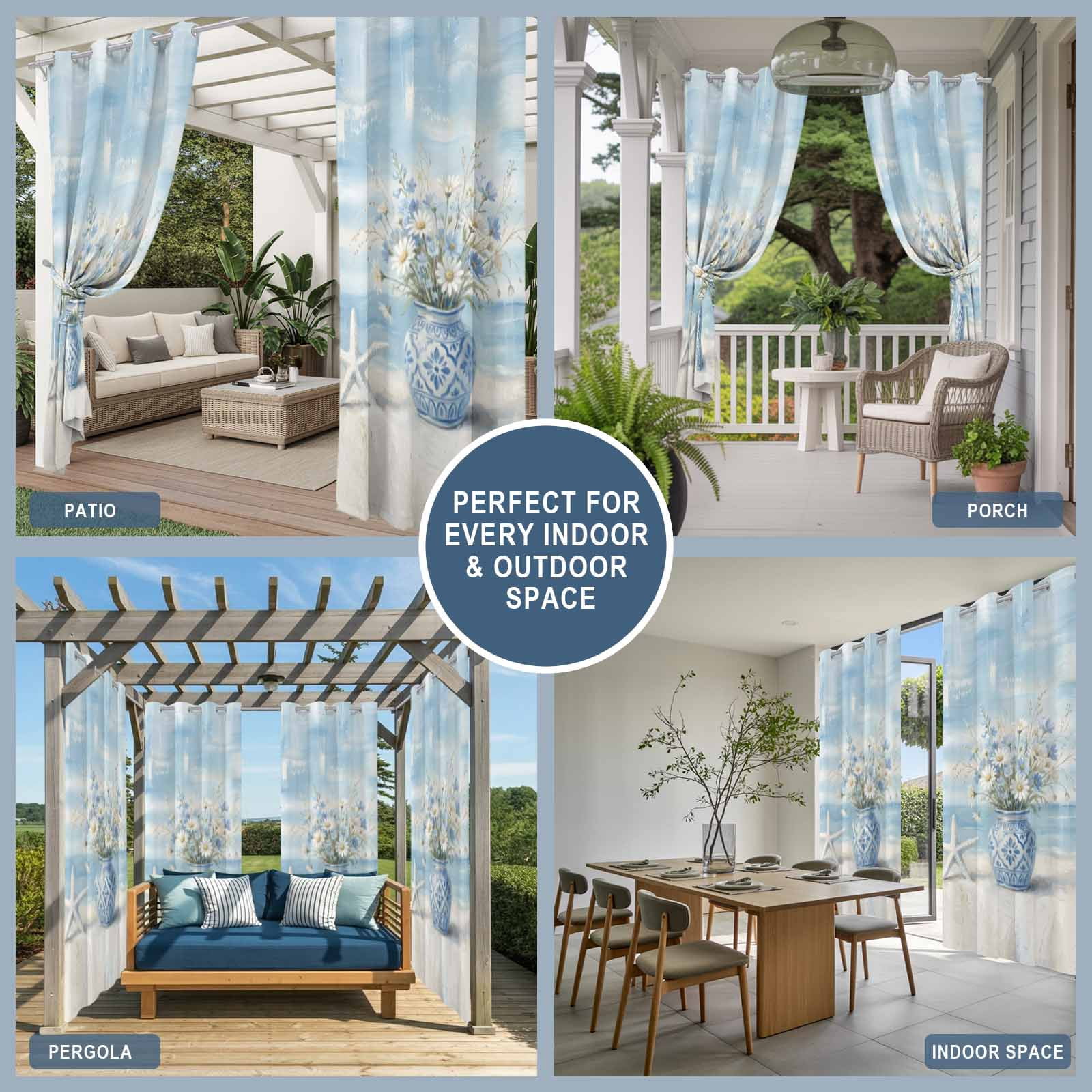 Summer Ocean Flower Outdoor Curtains for Patio, Country Nautical Sea Starfish Oil Painting Style Sunshade Privacy Drapes Grommet Waterproof Outside Curtains for Porch Balcony 54"x 108", 1 Panel