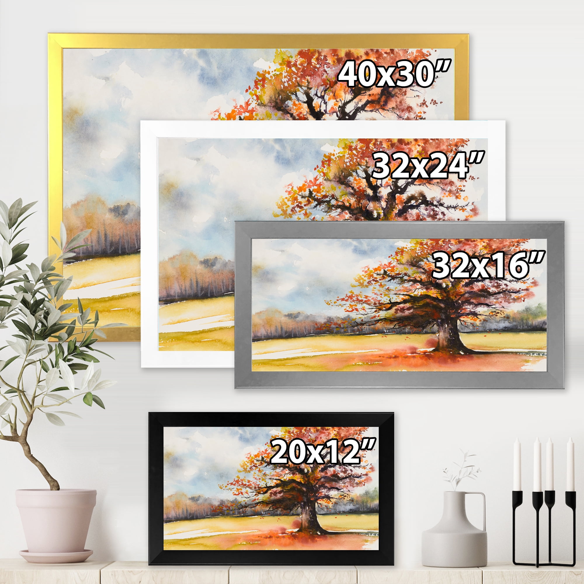 Designart 'Lone Oak Tree In The Fields With Autum Leaves' Traditional Framed Art Print