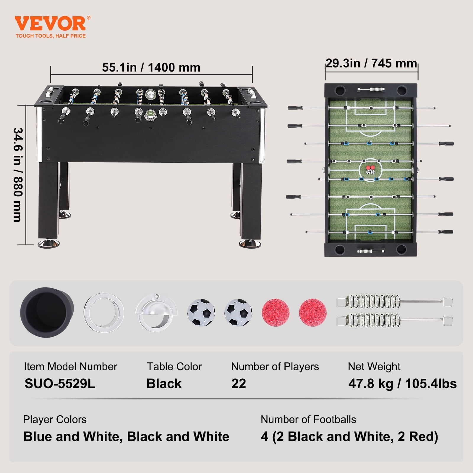 VEVOR Foosball Table, 55 inch Standard Size Foosball Table, Indoor Full Size Foosball Table for Home, Soccer with Foosball Table Set, Includes 4 Balls and 4 Cup Holders