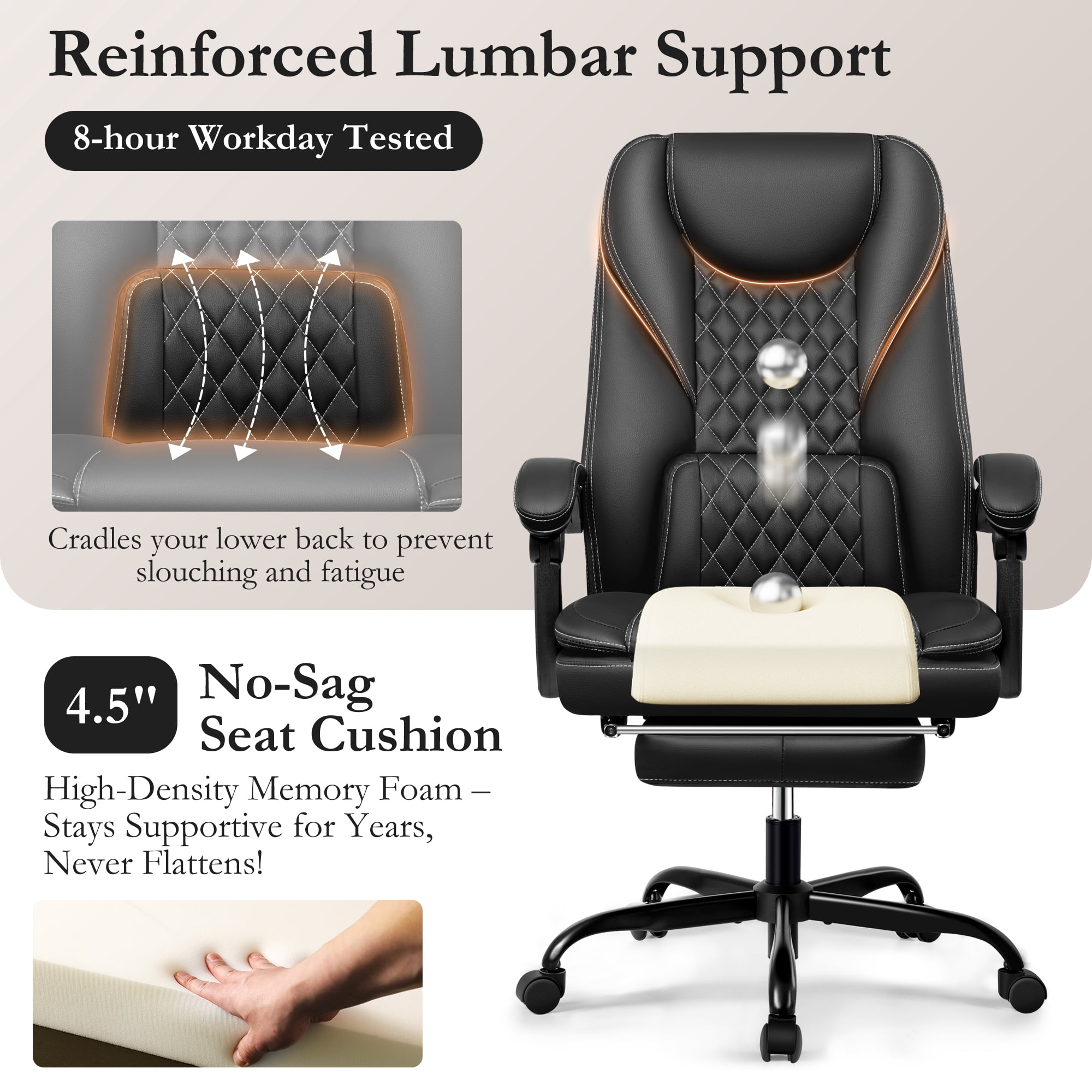 Primy Premium Executive Office Chair - Big & Tall PU Leather Reclining Chair with Footrest & Lumbar Support, 400lb Heavy Duty Ergonomic Computer Desk Chair for Home/Office, Black