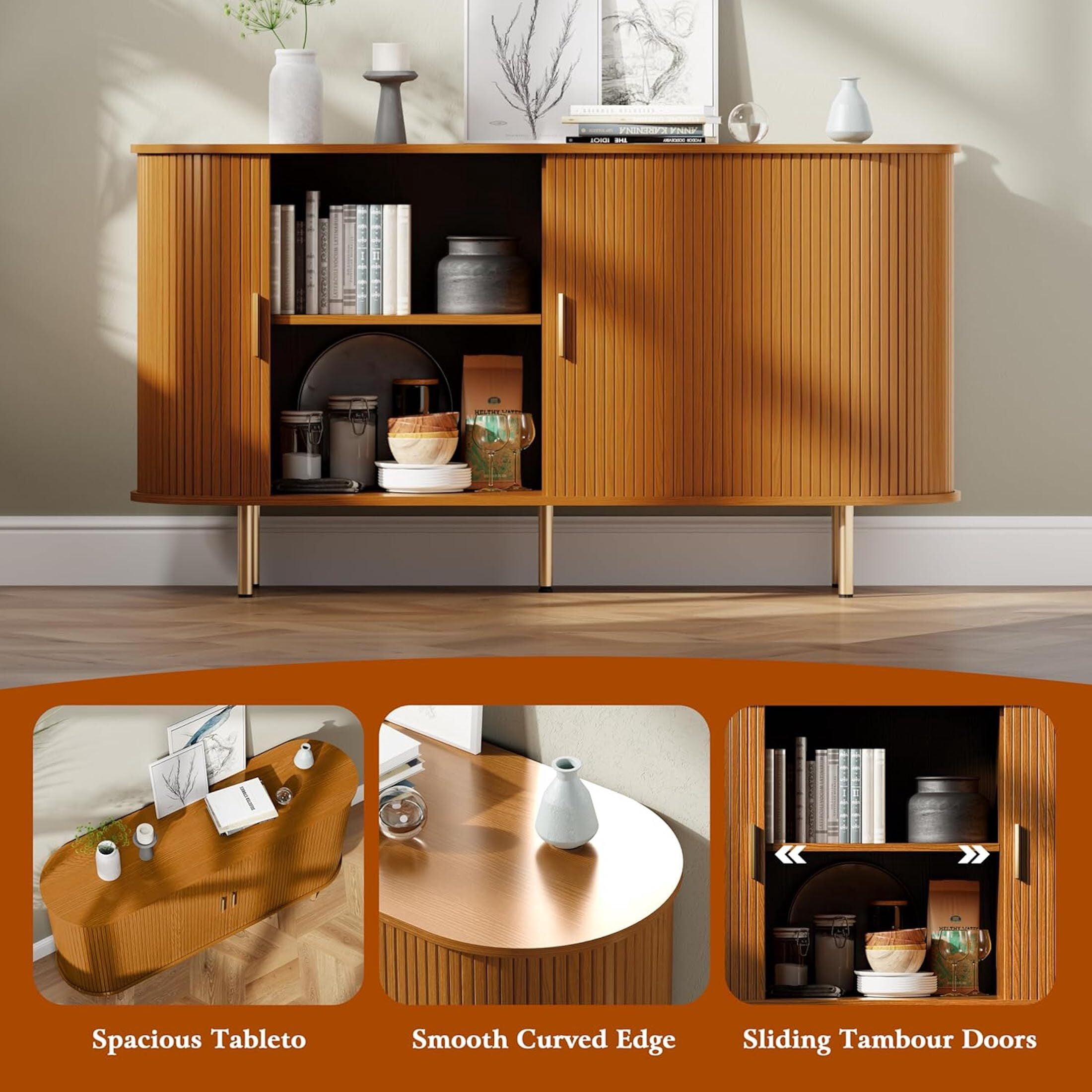 Aisword Sideboard Buffet Cabinet with Storage,Mid Century Modern Fluted Accent Coffee Bar Console Table,Tambour Sliding Doors& Adjustable Shelf for Kitchen, Living Room, Entryway, 55 Inch Yellow