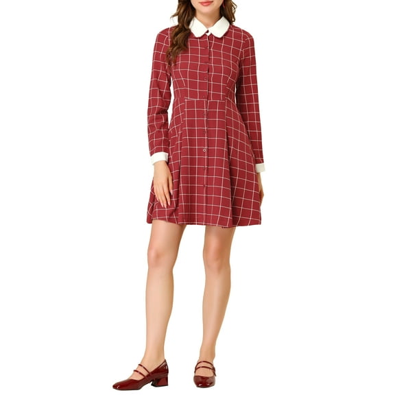 INSPIRE CHIC Women's Peter Pan Collar Contrast Retro Plaid Dress L Red