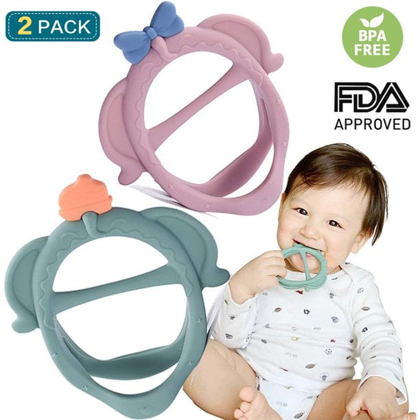 AMERTEER Baby Teething Toys for Babies 3-6 Months Teethers for Infants Toddlers Silicone Molars Adjustable Chew Toys for Babies 3 4 5 6 7 8 9 10 11 12 Months Green Pink (2pack/Set)