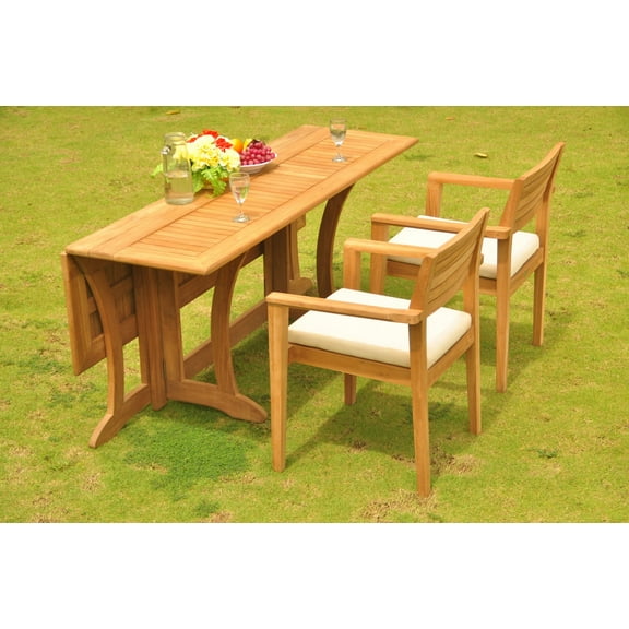 Teak Dining Set: 2 Seater 3 Pc: 69" Warwick Console Folding Dining Rectangle Table And 2 Montana Stacking Arm/Captain Chairs Outdoor Patio Grade-A Teak Wood WholesaleTeak #WMDSMTm