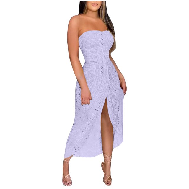 2025 Eyelet Sleeveless Tube Cocktail Party Dress Wrap Asymmetrical Beach Long Dress Ruched Bodycon Strapless Off Shoulder Sun Dresses with Slit