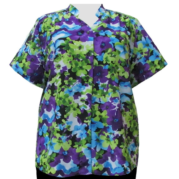 Women's Plus Size Short Sleeve Mandarin Collar V-Neck Button-Up Blouse with Shirring - Kiki - 1X