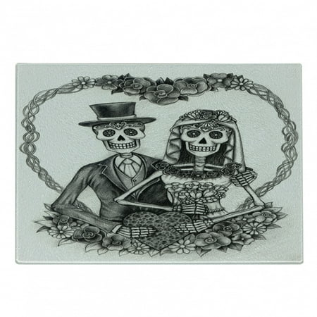 

Skeleton Cutting Board Spooky Valentines Themed Sketch Drawn Married Day of the Dead Decorative Tempered Glass Cutting and Serving Board in 3 Sizes by Ambesonne