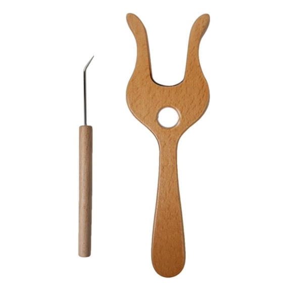 OIUR Wood Knitting Fork with Hook Hand Cut Lucet Cord Braiding Fork DIY Weaving Craft Tool for Crochet Drawstring And Scarves Making