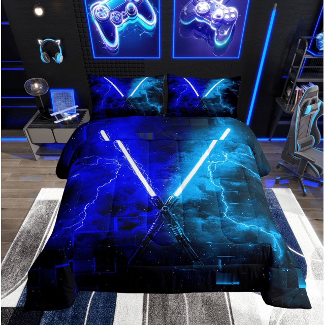 Erosebridal Ensembles de Literie Gaming Lightsaber Double avec Couette, Insert de Couette Néon Lightning, Décor Mode Moderne, Réversible