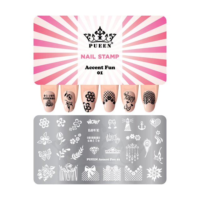 PUEEN Placa de estampado para decoración de uñas - Accent Fun 01-125x65 mm Único Nailart Estampado de esmalte Manicura Placas de imagen Accesorios Uñas DIY - BH000921