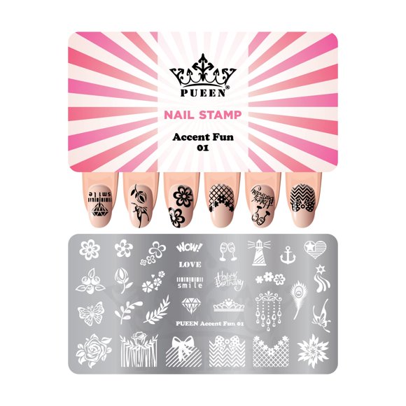 PUEEN Placa de estampado para decoración de uñas - Accent Fun 01-125x65 mm Único Nailart Estampado de esmalte Manicura Placas de imagen Accesorios Uñas DIY - BH000921
