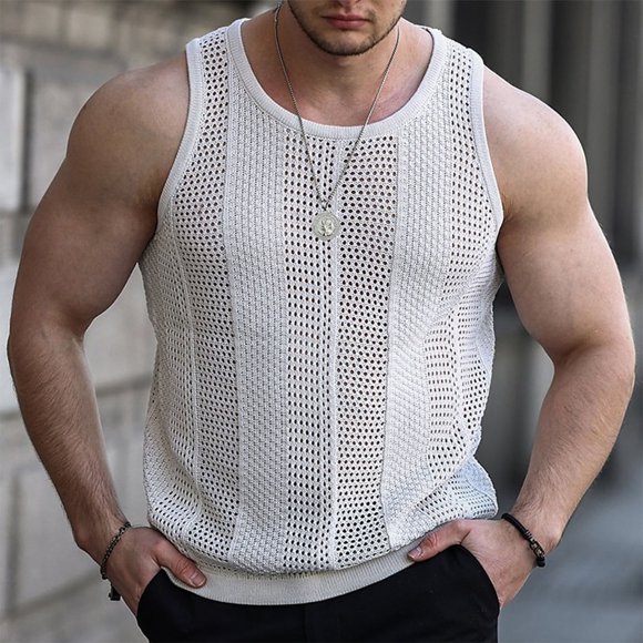 breaise Mens Sleeveless Tank Tops Knitted Crochet See Through Hollow Out T-Shirts Muscle Summer Beach Hippie Shirts White M Special offer