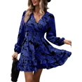 thumbnail image 2 of Robe Courte à Fleurs pour Femme à Manches Longues, Décontractée, Col en V, en Mousseline, Modeste, Bohème, Fluide, Automne, Invitée de Mariage, Bleu, TTG, 2 of 9