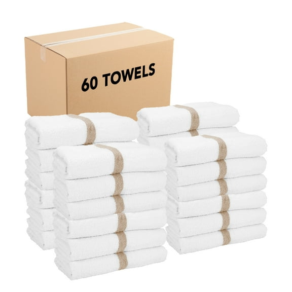 Arkwright Power Gym Bath Towels (Bulk Case of 60), White with Beige Stripe, 22x44 in. Pool Towel, Soft Ring Spun Cotton