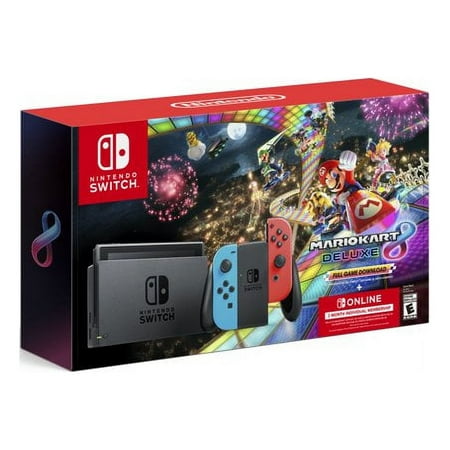 Nintendo Switch with Blue & Red Joy-Con, Mario Kart 8 Deluxe(Full Game Download) & 3-Month Membership Bundle