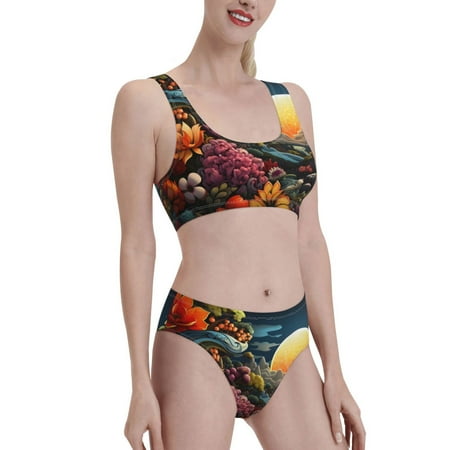 Uemuo Sunset Floral Fantasy Landscape Printed Women s High Waisted Bikini Sets Sporty Two Piece Swimsuits Color Block Cheeky High Cut Bathing Suits-Medium