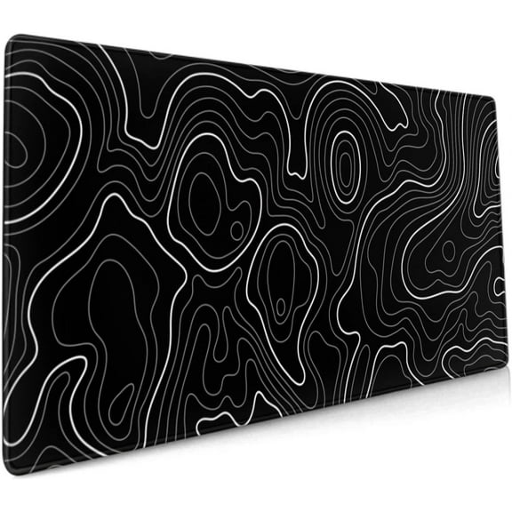 Topographic Contour Gaming Mouse Pad 35.4 X 15.7 Inch XXL Black Geographic Map Lines Full Des Mousepad Extended Large Non-Slip Rubber Base Keyboard Mat with Stitched Edges for Home Office