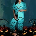 thumbnail image 1 of Pijama de manga corta con cuello vuelto para mujer, con bolsillos y estampado de Halloween, cintura elástica, de poliéster, 1 of 5