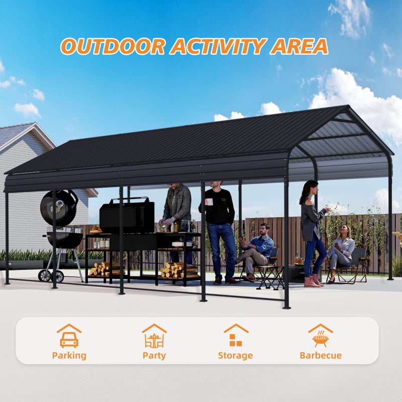 12x20 FT Heavy Duty Metal Carport with Galvanized Steel Roof & Reinforced Base – Outdoor Shelter for Cars, Trucks, Boats – Gray