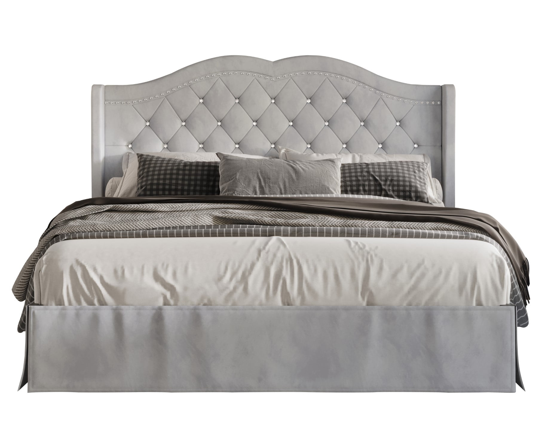 Home Design Bruce King Tufted Upholstered Platform Bed Frame with Wingback Headboard and Nailhead Trim, Silver Gray, Easy Assembly