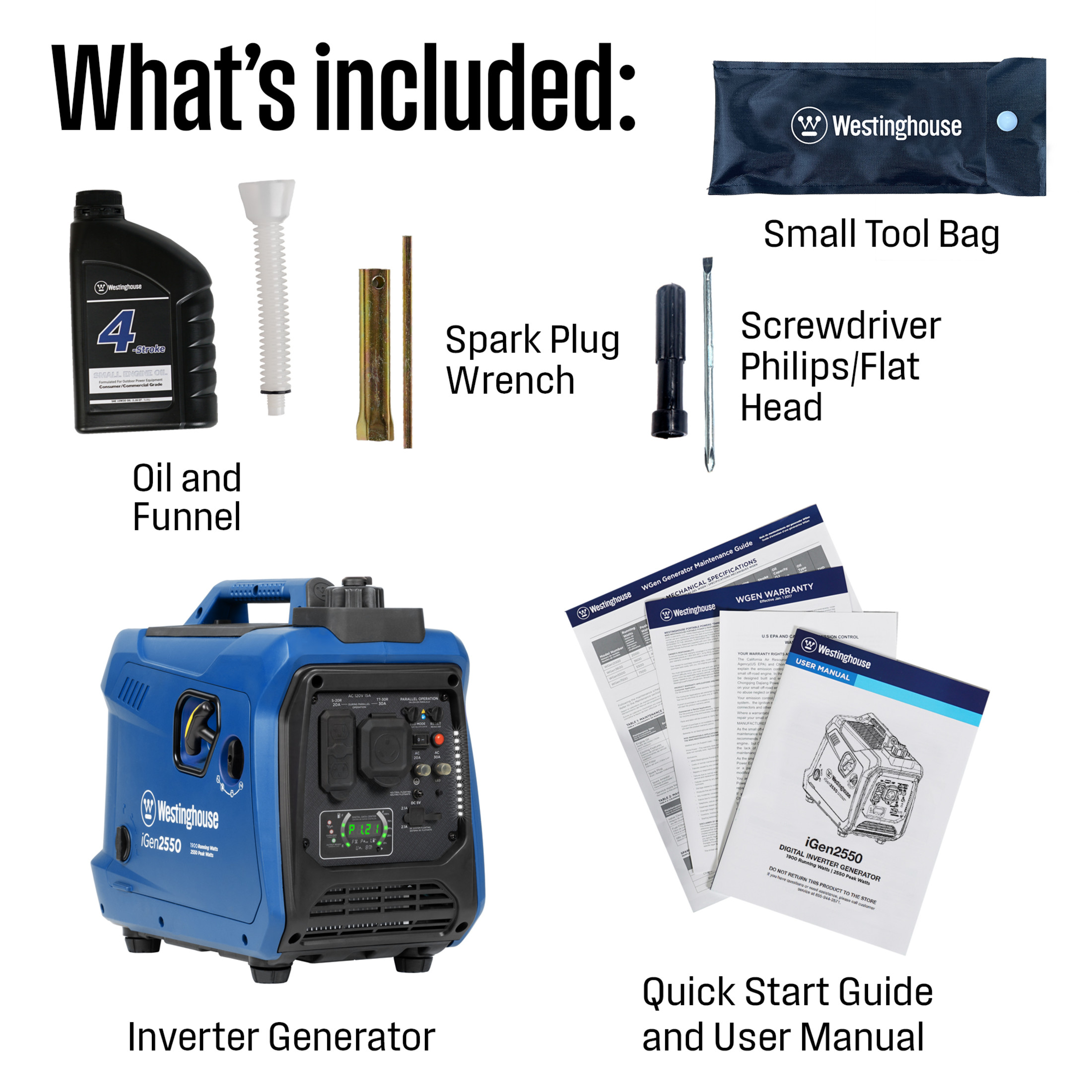 Westinghouse 2550 Peak Watt Super Quiet & Lightweight Portable Inverter Generator, RV Ready 30A Outlet, Gas Powered, Parallel Capable, Long Run Time