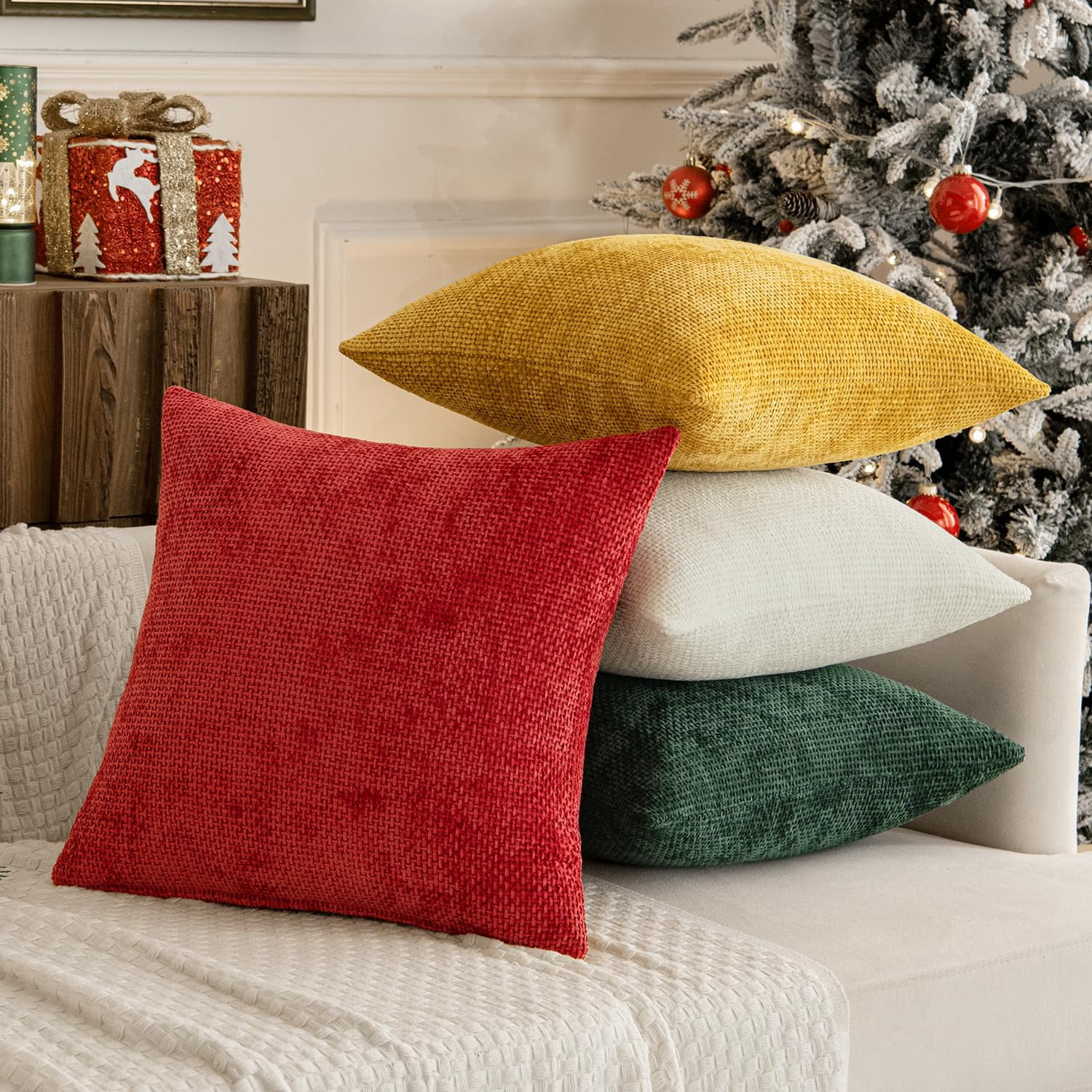 Lomyolo Set of 4 Chenille Pillow Covers - 20x20 Inch Soft Farmhouse Decor for Couch, Sofa, Bedroom Winter Fall Farmhouse Accent Boho Cushions Decor
