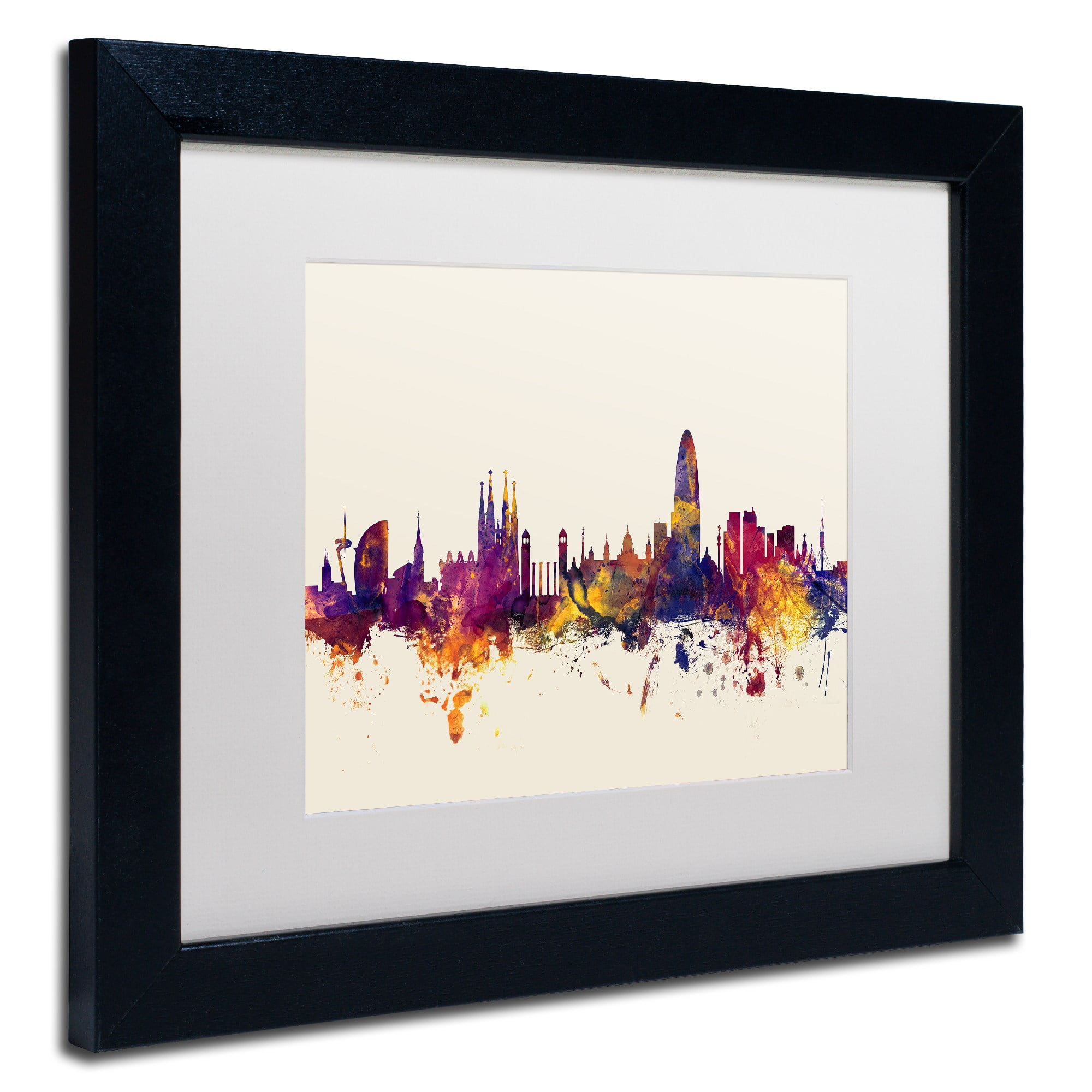 Trademark Fine Art "Barcelona Spain Skyline" Canvas Art by Michael Tompsett, White Matte, Black Frame