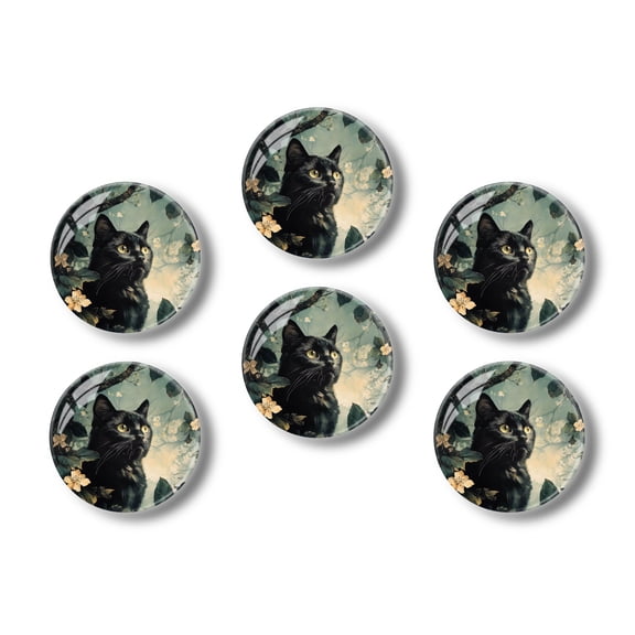 Glass Refrigerator Magnet 6Pcs Magnetic Fridge Sticker,Decor for Kitchen,Whiteboard,Cabinet,Black Cat Peering Through Floral Frame