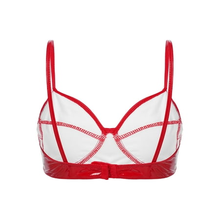 Raenseen Women s Wire Free Bra Top Sexy Lingerie PU Leather Push Up Corset Bustier Wetlook Crop Tops Red M