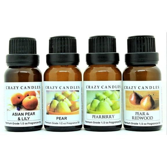 Crazy Candles 4 Bottle Set, 1 Asian Pear & Lily, 1 Pear, 1 Pearberry, 1 Pear & Redwood 1/2 Fl Oz Each (15ml) Premium Grade Scented Fragrance Oils