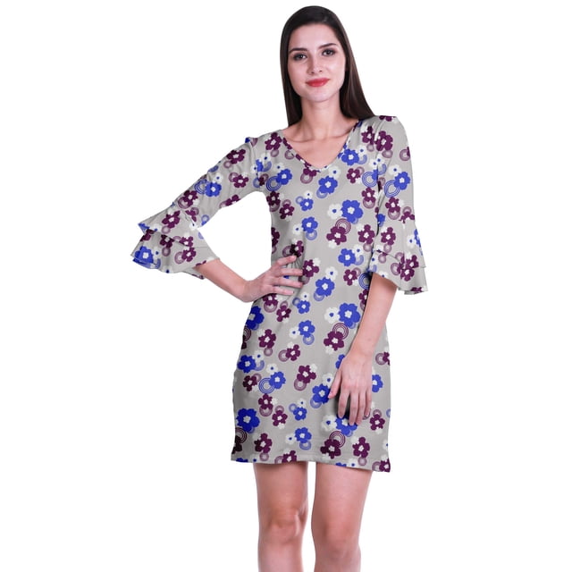 Moomaya Womens Imprimé Courte Robe Cloche Manches Robes pour les Femmes Vêtements d'Été Occasionnels