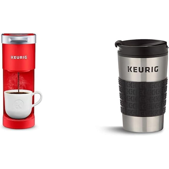 Keurig K-Mini Single Serve K-Cup Pod Coffee Maker, Poppy Red & Travel Mug Fits K-Cup Pod Coffee Maker, 1 Count (Pack of 1), Stainless Steel