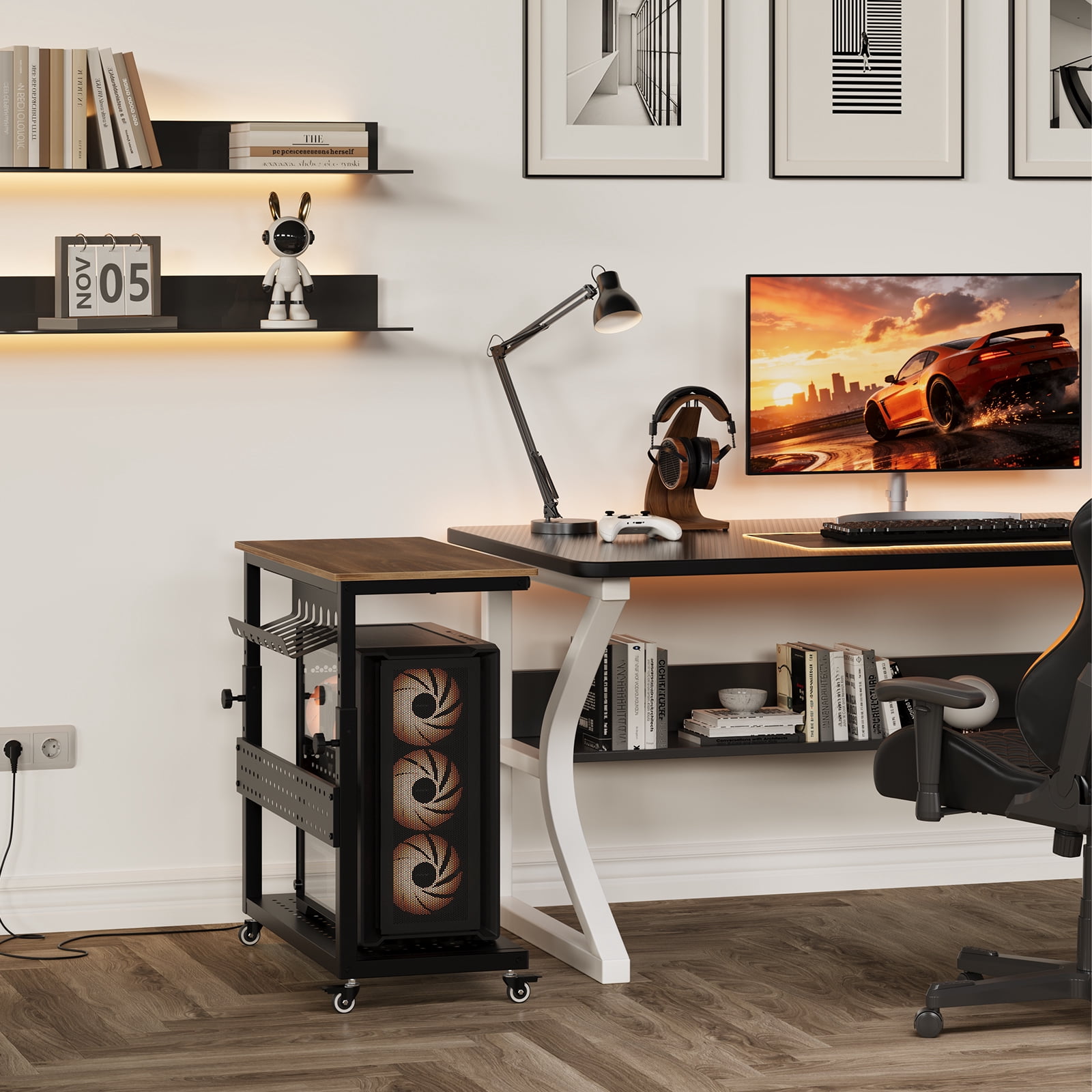 Ataujin Computer Tower Stand with Cable Management Rack, 2-Tier Mobile CPU Holder Cart, Adjustable Rolling PC Stand for Office and Home Use