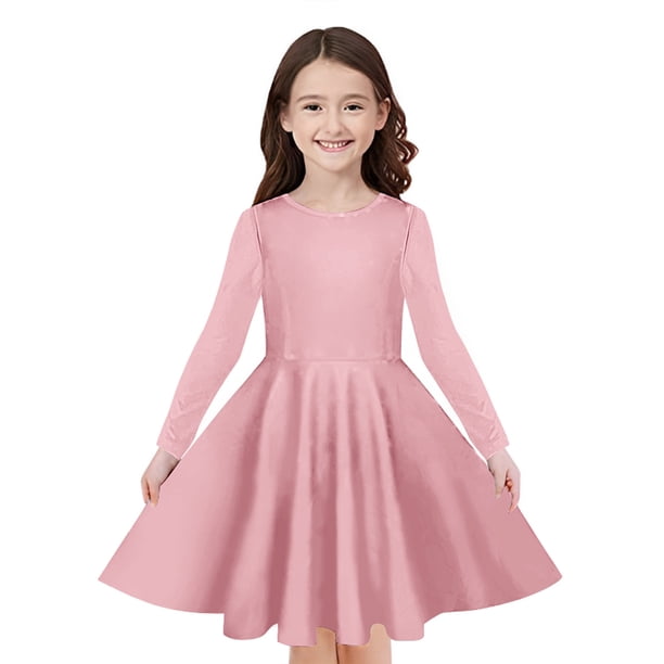 Odeerbi Niñas Manga Larga A-Vestido de Manga Larga Para Niñas Vestido Acampanado de Primavera Vestido Elástico de Colores Sólidos Vestido de Patinadora Twirly Vestido de Recital Escolar