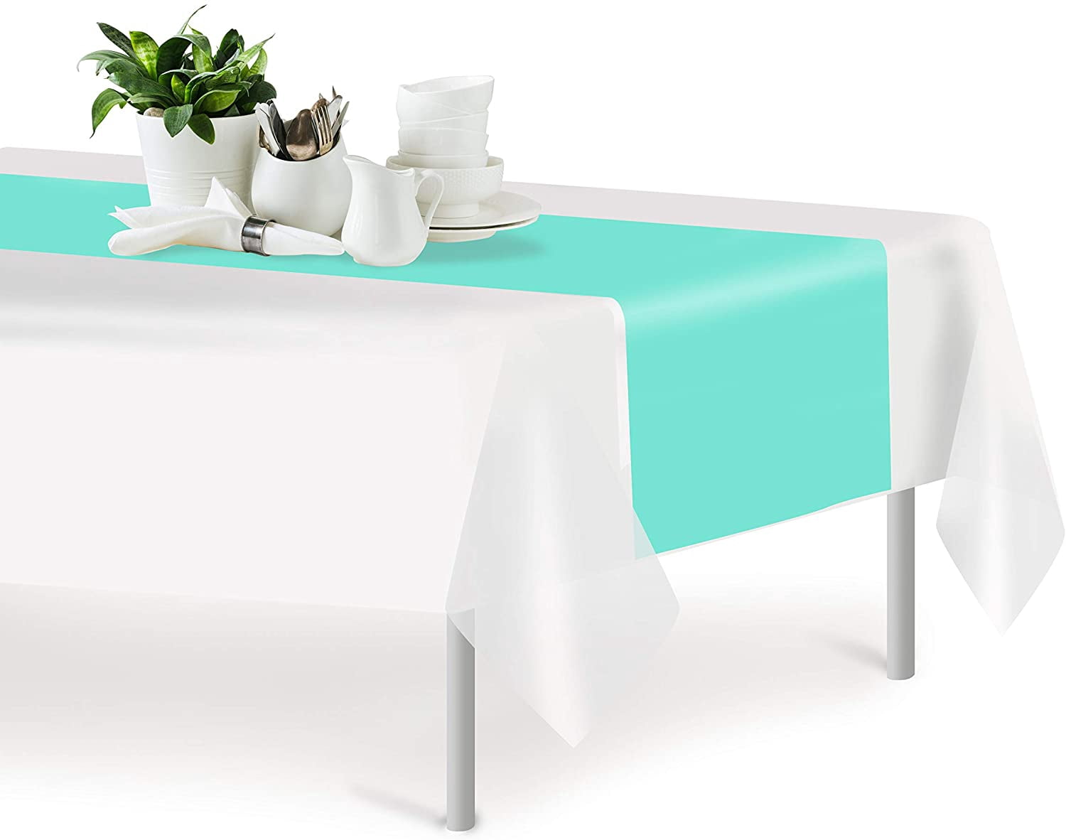 Aqua 6 Pack Premium Disposable Plastic Table Runner 14 x 108 Inch. Decorative Table Runner for Dinner Parties & Events, Decor By Grandipity