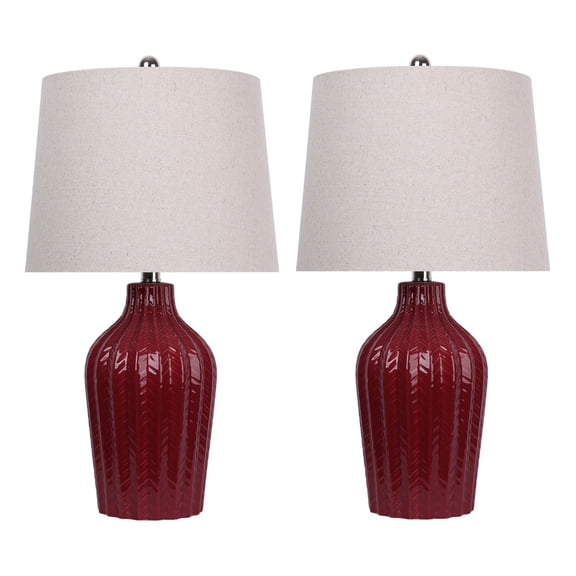 23.5" Brick Red Ceramic Table Lamp w/ Vase-Inspired Base & Linen Shade (Set of 2)