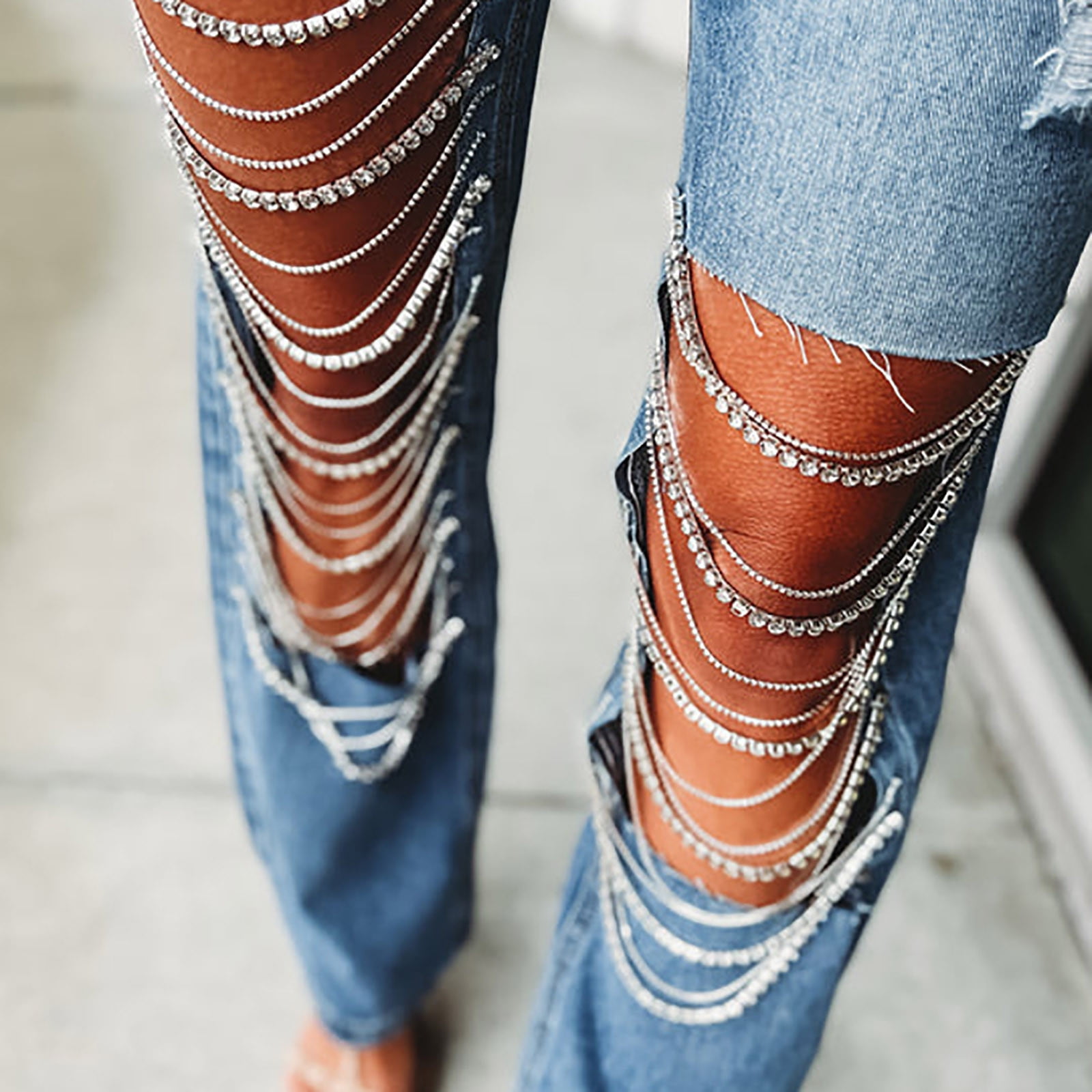 Trendy Frayed Distressed Denim Pants Womens Hollow Out Rhinestone Chain  Patchwork Ripped Jeans Ladies Fashion Streetwear