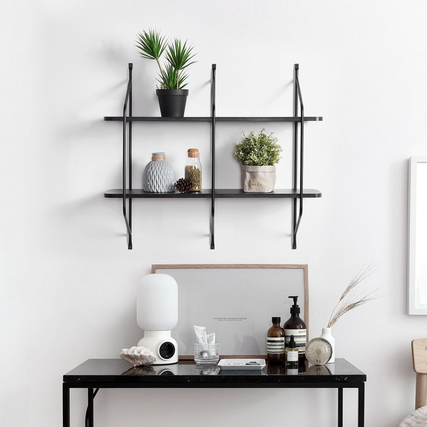 Kepooman 2-tier Shelving Unit Garage Storage Utility Rack Heavy Duty Shelves Organization, Multipurpose Shelf Warehouse Basement Kitchen Living Room pantry, 25.6"L x 8.26"W x 29.3"H, Black